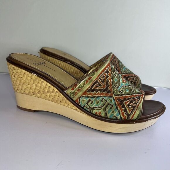 Linea Paolo Boho Southwestern Turquoise Slip On Wicker/Wood Wedge Sandal Size 10 - Picture 10 of 10